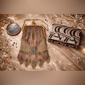 Antique 1920s Whiting & Davis Mesh Flapper Purse w/ Mirror & Original Box